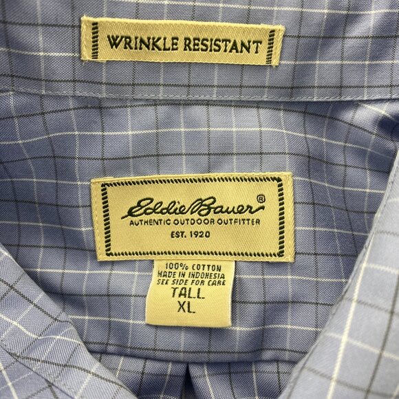Eddie Bauer Shirt Men Extra Large Tall XLT Blue Checkered Wrinkle Resistant Polo - Picture 5 of 9